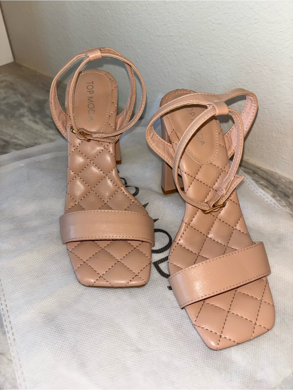 Top Moda Nude Quilted Block Heel Sandals - Ankle Strap